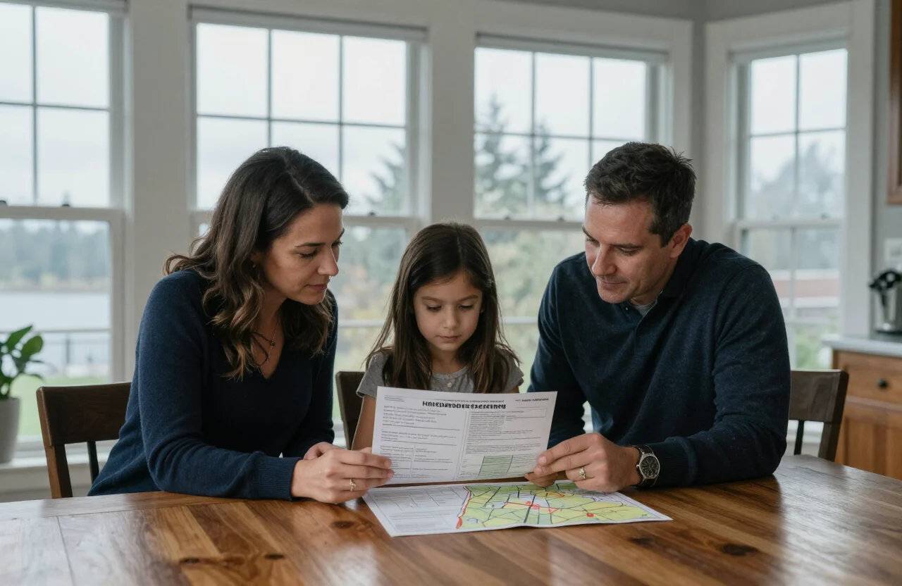 A family sitting together at their kitchen table, reviewing a printed household plan and neighborhood map.
