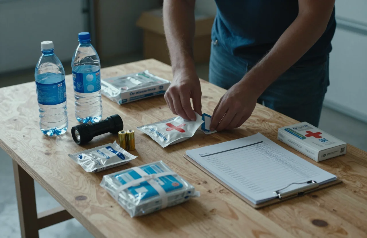 Water, a flashlight, batteries, and first aid supplies laid out on a table next to a household supply checklist on a clipboard.